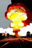 Placeholder: top right corner is a nuclear explosion cloud, top of explosion looks like a autumn tree full of leaves, add leaves falling everywhere in foreground, high horizon at 1/3 from top, bottom 2/3 is a road through a road, a wind is blowing away from the tree. a commercial building is on the middle left