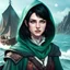 Placeholder: dungeons & dragons; portrait; female; teenager; pale skin; short black hair; sea green eyes; warlock; the fathomless; clothes for sea travel; hood; soft; smile; sailing; young