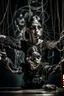 Placeholder: an abstract image of a woman seated on a table,facing to the front ,she is connected to string like a puppet, arms in air, moved by the strings, puppet like features in the face, beautiful face, behind her also facing the front is the puppet master,is a huge image of a man holding the strings, creepy gothic character,.zoomed in, dark and shadowy background with selective lighting on the woman, gothic and chaotic