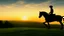 Placeholder: Silhouette of a lone horseback rider on the green hill at sunrise