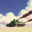 Placeholder: a titan, destroying a tank squadron, during a war in a desert