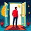 Placeholder: Man standing in front of an open door leading to the stars, symbolizing hope and new beginnings. The artwork features a red color scheme, simple illustration, vector art style, flat design and a bright, colorful 3D background. This professional illustration is in the style of Mandy Disher, with soft gradients and soft colors, and is high resolution.