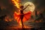 Placeholder: a stunning detalied surreal image where a dancer's dress transforms into fire, and tongues of flame, the background is the hell with demons, cracked and ruined nightly landscape, nightmare from the hell, dark siluettes, pale light, dark night, demons, crepy stunning image, masterpeace, thriller