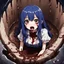 Placeholder: Anime girl with big eyes, darkblue and sepia tones, fullbody, slime, the perspective looking up from the bottom of an empty well, rolling eyes, tongue out, blood drip, open mouth,