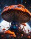 Placeholder: A weird floating mushroom house in galactic space. black blue orange and white, Dark cosmic interstellar. Detailed Matte Painting, deep color, fantastical, intricate detail, splash screen, hyperdetailed, insane depth, concept art, 8k resolution, trending on Artstation, Unreal Engine 5, color depth, backlit, splash art, dramatic, High Quality Whimsical Fun Imaginative unusual, good composition