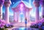 Placeholder: bellissima ragazza del futuro in piedi con alle spalle un tempio magico di un altro pianeta con tetto aperto in stile ferico con natura e fiori rosa e azzurri e cristalli e gemme in giardino con due colonne di luce e cielo aperto luminoso.
