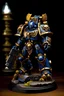 Placeholder: Gilded Navy Blue, Custom Warhammer 40k Primarch, based off being a doge, with a custom si-fi plant killing chaos space marines from the Black legion. Have the doge part only be the head, high quality, dark navy blue, with wings and a two handed warhammer