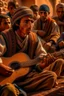 Placeholder: Berber teenager, detailed, hyper realistic, in the middle of a traditional Berber music performance, playing a three-stringed lute (guembri) with intense concentration, surrounded by onlookers in a village festival.