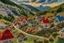 Placeholder: Hand sewn and embroidered extremely cute Austrian mountain village, threads, sewing needles on a table on lace blanket in a luxury bedroom, centre, bold colours elegant fantasy 8k beautiful dynamic lighting award winning imperial colors hyperrealistic ultra detailed 4K 3D high definition crisp quality colourful hdr in sunshine