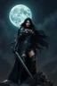 Placeholder: A BEAUTIFUL GIRL, BLACK LONG HAIRED, BIG BUB, NICE BODY, DRESSED A BLACK ARMOUR, WARRIOR AND AMAZON WOMAN, STAY ON TOP OF MPOUNTAIN, MOONSHINE AND FAIRY TURN AROUND HER, DARK NIGHT BACKGROUND,