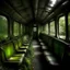 Placeholder: Wagon de métro de paris, sieges usés, désaffecté, jungle