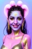 Placeholder: Ultra Realistic image, Rosalía artist, smile portrait, waist up portrait, long black eye line, sweet face, gold pink and blue geisha style, spray glow make up, led lights, neon, gold piercing nose, gold teeth, led ornament, glow pink iris, fog, oversized bubble latex coat, vibrant color, highly detailed, art stations, concept art, smooth, unreal engine 5, god rays, ray tracing, RTX, lumen lighting, ultra detail, volumetric lighting, 3d, finely drawn, high definition, high resolution.