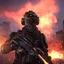 Placeholder: Call of Duty: Black Ops 3 Character. Alone. Character is Facing Us. Hyper Realistic. Apocalyptic City Debris in the Background. Orange Glow in the Background. Light is Reflecting off Dust Particles. Futuristic Military Patrol Helmet and Body Armor. Black Visor Covering Entire Face. A Military Firearm is in the Character's Hands.