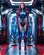 Placeholder: length image full body photo realistic high details beautiful woman long hair with body mechanical robot red and blue inspired design by optimus prime transformer robot sense of technology future,in room futuristic spaceship background