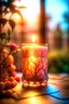 Placeholder: A beautiful transparent candle with a surreal glowing radiant tree inside the wax, the candle is lit and has a calming and sublime effect, light and bright, soft bokeh, pastel-effect, pink english rose, bioluminescent, in the background is a colored mosaic-like window through whose colors the light shines and reflects, sharp focus, professional photography, highly detailed