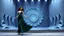 Placeholder: modern stage with gray-blue theme artistic decoration , color full dynamic lighting, a beautiful lady in modern maxy dark green dress with shining silver jwells dancing, 3D recursive fractal structure animating background