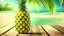 Placeholder: pineapple on a wooden table, tropical background, photorealistic