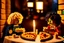 Placeholder: blonde lego girl and curly black haired lego boy eating lego pizza in an italian restaurant in candlelight