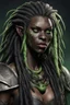 Placeholder: generate a dungeons and dragons character portrait of a female beast-human with black skin, dreadlocks, green piercing eyes, fangs and a thick nose