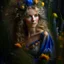 Placeholder: captivating conceptual portrait featuring a Swedish woman with cascading, ethereal hair and an enchanting aura. Her flowing gown is adorned with a diverse array of wildflowers, including Fireweed, Linden flower, Meadow sweet, Cornflower, St. John's wort, Stinging nettle, and Peppermint plant. Her delicate hand tenderly touches a mystical blackbird