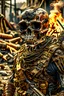 Placeholder: a scary looking skeleton, rising from the ashes, he was a war veteran, partially humanlike characteristics, army beret and ripped ammo wear, chaotic background, dramatic close-up action shot of him on a burned out war tanker a torpedo on shoulder -ready to fire ,gothic and chaotic background, 12k