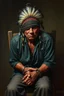 Placeholder: A native Indian , they but a fabric on his eye so he can not see and his arms are Handcuffed. looks miserable with bruises on his face like he has been beating sitting on a broken chair in a prison with dem light and dark prison environments , Busch painting style , sureal