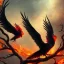 Placeholder: a detailed illustration of a black and red phoenix sitting on a branch of a tree, phoenix wallpaper, luminescent body, glinting wings, full body, symmetrical body, realistic, glowing wings, sharp focus, meticulously detailed, soft evening sky, 64k