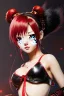 Placeholder: Detailed cute anime Kunoichi girl with dragon tail, blood red hair buns, bangs, black latex bodysuit, intricate details, full body portrait, keep head in frame, slight smile, black Japanese motif, concept art, highly detailed, digital painting, concept art, sharp focus, illustration, art by Yoji Shinkawa, WLOP and greg rutkowski and alphonse mucha and artgerm and yanjun Chen and Junji ito and Makoto Shinkai, HDR, octane render