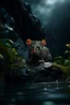 Placeholder: rat cat through dark clouds, portrait in weird waterfall in front of rock column on bumpy road in moist swamp planet , photo-realistic, shot on Hasselblad h6d-400c, zeiss prime lens, bokeh like f/0.8, tilt-shift lens 8k, high detail, smooth render, down-light, unreal eng