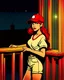 Placeholder: woman with a red baseball hat. leaning on a wooden balcony. night time. fantasy. cartoon. studio lightining.