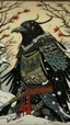 Placeholder: A samurai old style serigraphy by Kuniyoshi of a crow adorned in a punk leather jacket within a snowy Christmas atmosphere.