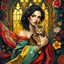 Placeholder: A vibrant, artistic portrait of a woman holding a cat, with rich, layered, and vivid colors. The woman is surrounded by flowing fabrics in bold hues, intricate floral patterns in the background, and dynamic brushstrokes that create a sense of movement. Add golden light filtering through stained-glass windows, delicate butterflies fluttering around, and abstract geometric shapes blending into the scene. The style is expressive, painterly, and immersive, evoking a sense of wonder and depth.