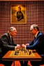 Placeholder: Vladimir Poutine playing chess with Zelinynski. A map of ukraine is burning on a wall