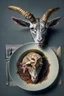 Placeholder: cursed meal with a goat head and some brain, photorealistic image, goat head laying on a plate, served with some nice seasoning