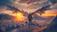 Placeholder: Human with dragon wings flying in the sky with people beneath walking and looking at him up, sunset background with hills, mountains and huts intricate details, shot on 64 megapixels Canon, DSLR camera