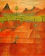 Placeholder: An orange colored tennis field on a crag in a thunderstorm designed in Chinese paper art painted by Paul Klee