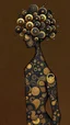 Placeholder: A digital artwork of a female figure adorned with intricate patterns and designs. The figure's body is covered in swirling lines, circles, and other abstract patterns in hues of mocha, navy and gold. Her head is uniquely decorated with a bouquet of spiraling, bubble-like structures. The background is a gradient , with abstract patterns that complement the figure's design. The overall ambiance of the image is dreamy and surreal.