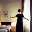 Placeholder: Realistic photo Russian shorthair beautiful 20-years tomboy boyish boylike young wife wide hips in black nightgown in hotel