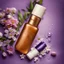 Placeholder: a small bottle for cosmetics lies on a beautiful floral background top view, in the background there are beautiful spring flowers and a drop of cream, high-quality picture, top view