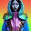 Placeholder: asian woman teenager, few freckles, gold teeth, padded coat, retro futuristic, latex dress, gradient color, BLUE, PINK, CYAN, neon, insanely detailed, 16k resolution, perfect eyes, cinematic smooth, intricate detail