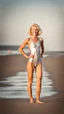 Placeholder: anorexic beautiful girl, age 21, total shot, short silver triathlon swimsuit, blonde wavy bob haircut, blurred beach background