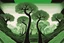 Placeholder: surreal trees with computer microchip foliage texture, strange art deco landscape surrealism, green and black dual colors.