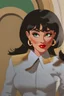 Placeholder: cartoon style full body image of very feminine, mature black haired 40 year old sexy French stewardess in RED uniform with short bob cut and strong, seductive makeup, smoky green eyes, highly shiny white plastic gloves, big thick pouty bright red lips and large golden earrings