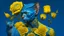 Placeholder: blue background, cat man, wool, fine drawing, high detail, 8K, tattoos, yellow flower