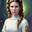 Placeholder: round framed complete and fully detailed head to waist portrait of young carrie fisher as Princess Leia with detailed hairstyle by Mandy Jurgens and mucha and Richard Schmid and chuck close and chie yoshii, beautiful detailed ceremony dress of star wars,