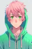 Placeholder: An anime man with messy short pink hair and blue eyes wearing a green hoodie. Realistic.