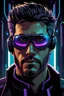 Placeholder: Adam Jensen with black retro glasses as a apex character digital illustration portrait design by, Mark Brooks and Brad Kunkle detailed, gorgeous lighting, wide angle action dynamic portrait, epic, purple neon sign bladerunner background, style with cyberpunk aesthetics
