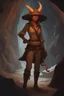 Placeholder: Dnd character with a tail and small horns in a dark cave. A female Tiefling archeologist with a hat, wearing glasses, in brown adventurer's clothes. Cunning, beautiful.