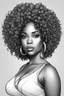 Placeholder: Create a coloring page of a beautiful curvy black female looking to the side with curly hair. No shading, No color, clean lines