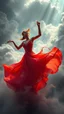 Placeholder: A beautiful Spanish flamingo dancer with a beautiful red dress dancing swirling clouds, emerges from the heart of a raging storm. Turbulent winds of steam swirl around the louds lit by shafts of sunlight that cast dramatic shadows on the A beautiful dancer woman with beautiful hands f flamingo dancing, High quality 16k cinematic scene and great photography